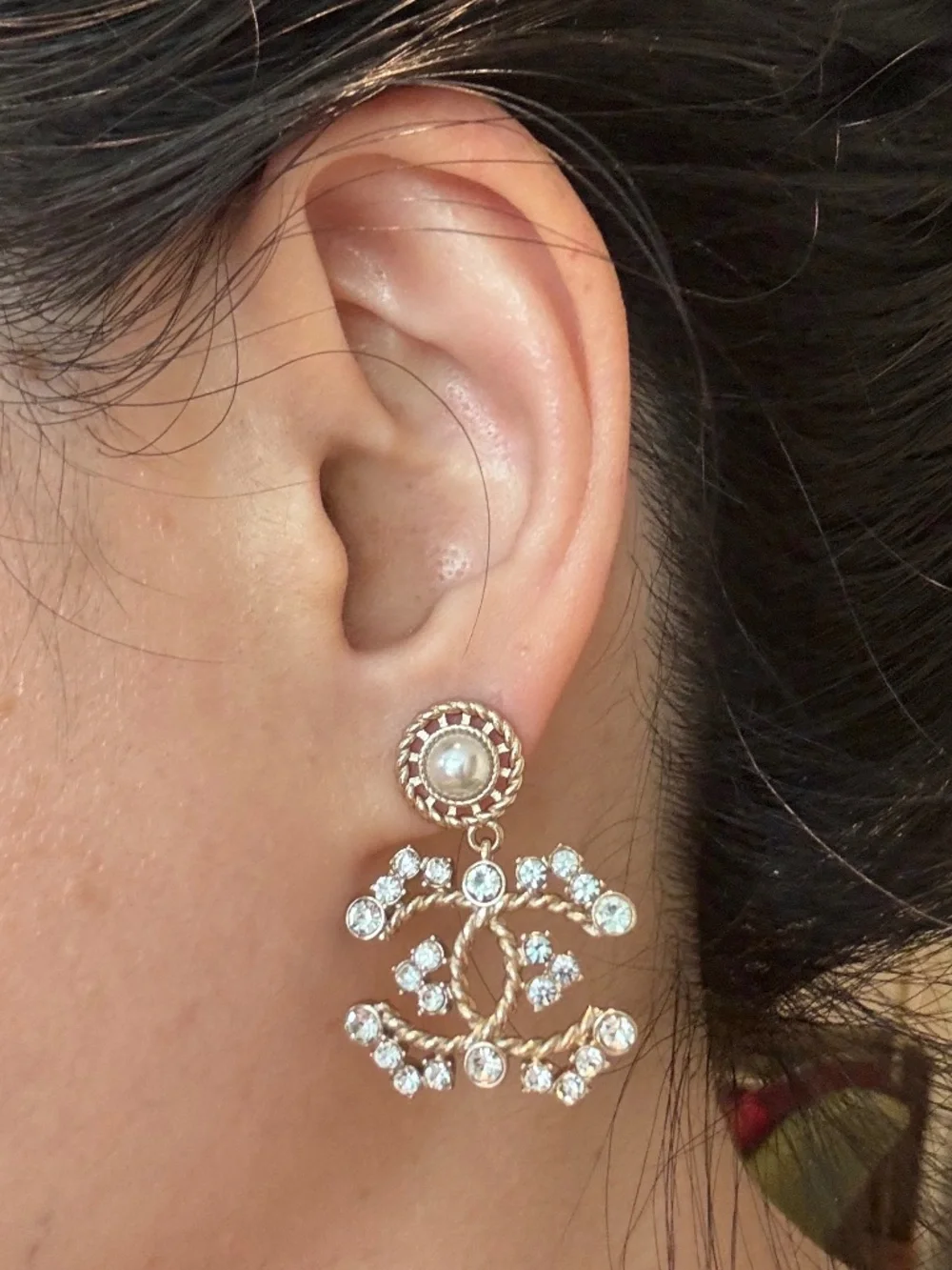 Limited Edition Chanel Classic CC Crystal Logo Tree & Pearl Drop Gold Earrings - Picture 3 of 4